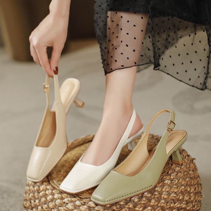 Classic Style Square Head Kitten Heel French Toe Cap Slingback Sandals - Mubimart