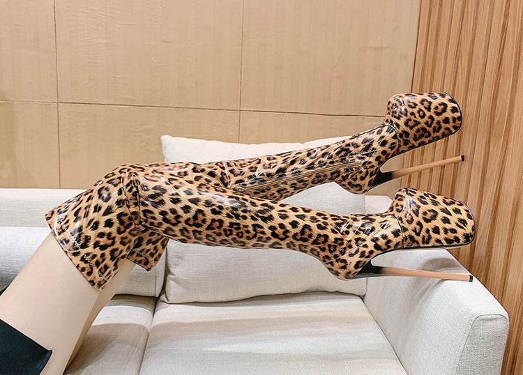 Leopard Print Stretch Tall High Heel Boots - Mubimart