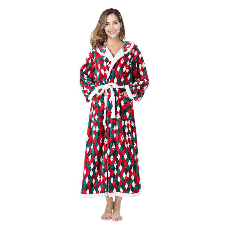 Christmas Sleepwear Women Fleece Hooded Bathrobe Plush Long Robe Winter - Mubimart