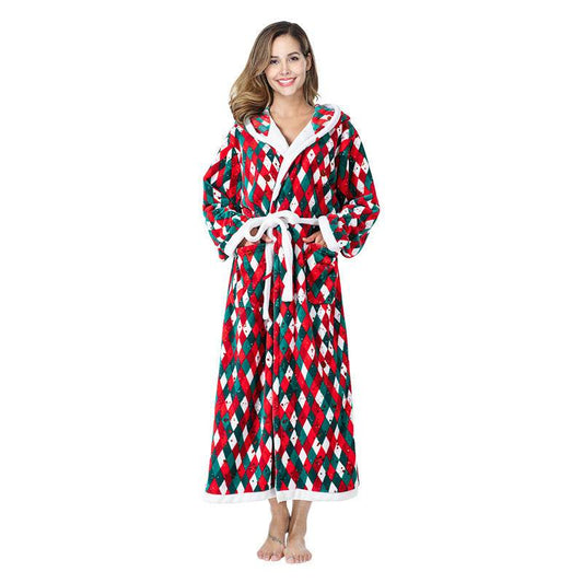 Christmas Sleepwear Women Fleece Hooded Bathrobe Plush Long Robe Winter - Mubimart