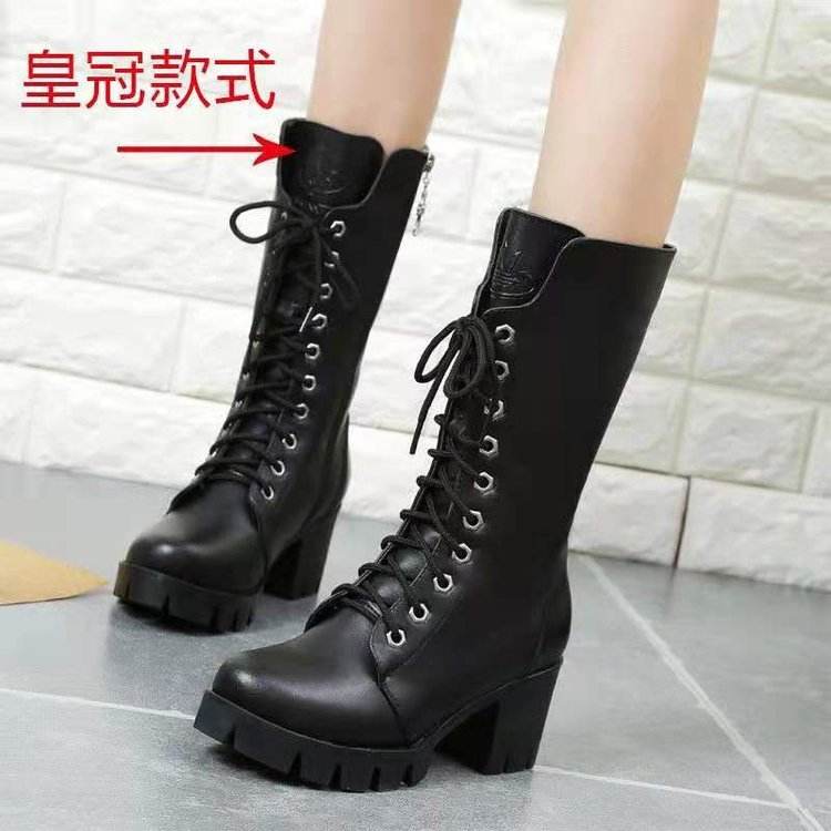 Thick Bottom Increased By Lace-up Booties All-match Middle Tube Motorcycle Boots - Mubimart