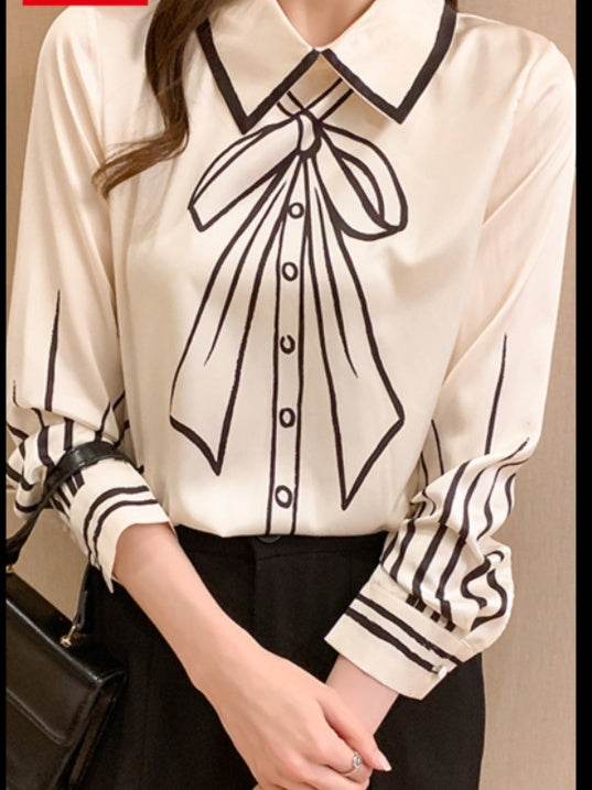 Silk Blouse Women Fake Bow-knot Printing Blouse Satin Silk Long-sleeved Shirt - Mubimart