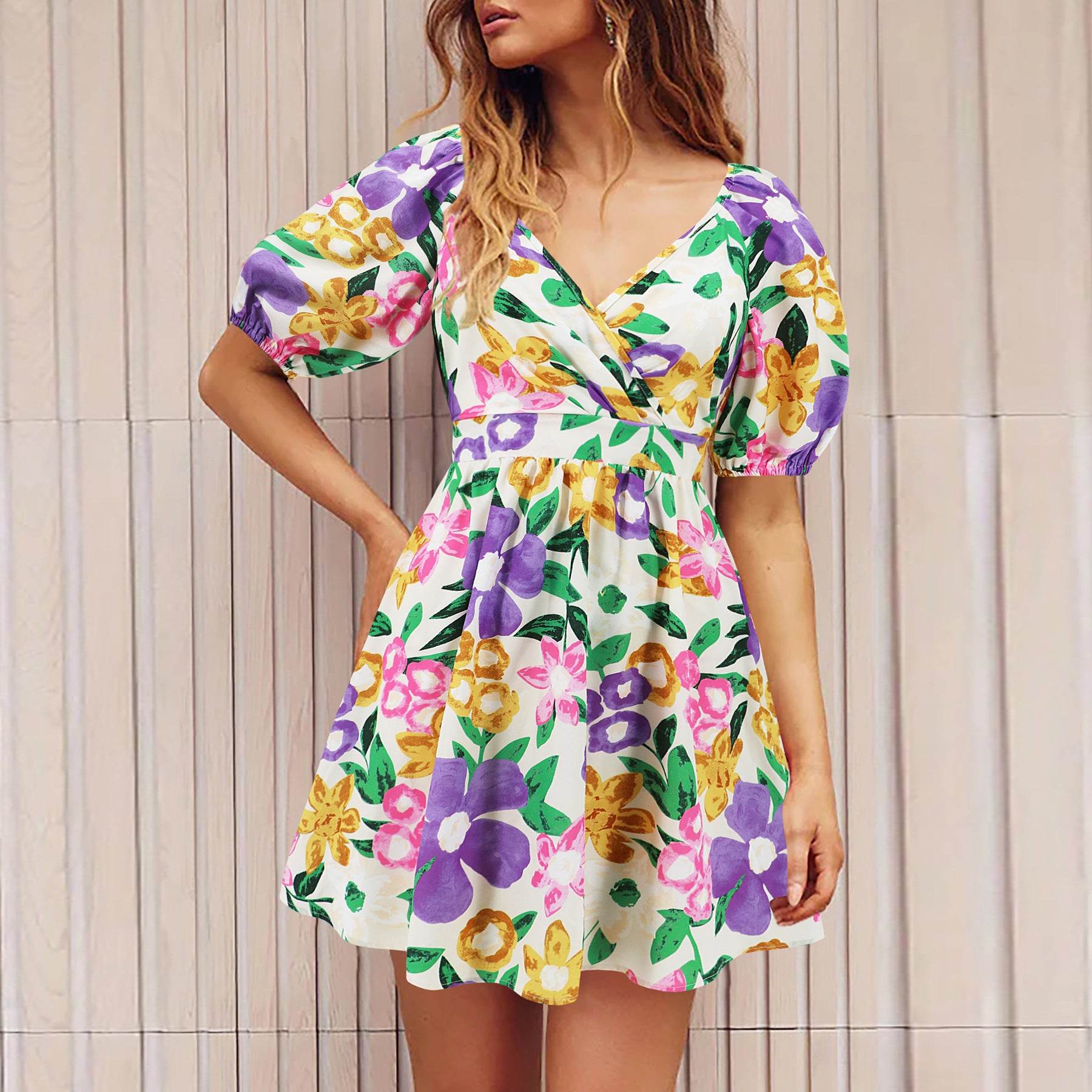 Flowers Print V-Neck Lantern-sleeve Dress Y2K Summer Vacation Beach Short Dresses Fashion Womens Clothing - Mubimart