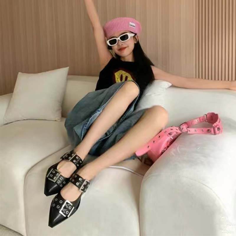 Pointed Toe Belt Buckle Mules Leather Flat Sandals - Mubimart