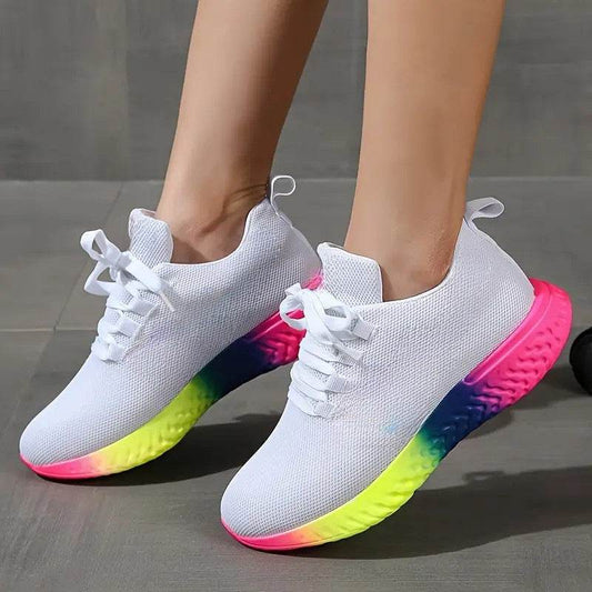 Lace-up Mesh Shoes With Rainbow Sole Design Fashion Walking Running Sports Shoes Sneakers For Women - Mubimart