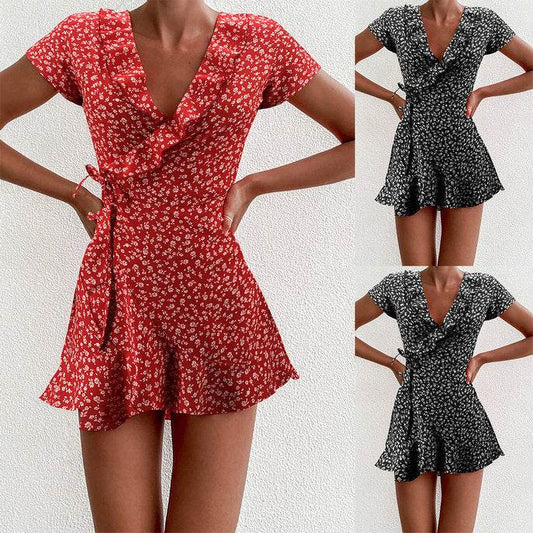 European And American Summer V-neck Ruffled Lace A-line Slim Dress - Mubimart