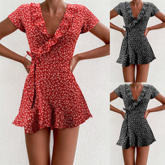 European And American Summer V-neck Ruffled Lace A-line Slim Dress - Mubimart - Plus Size Mini Dress 