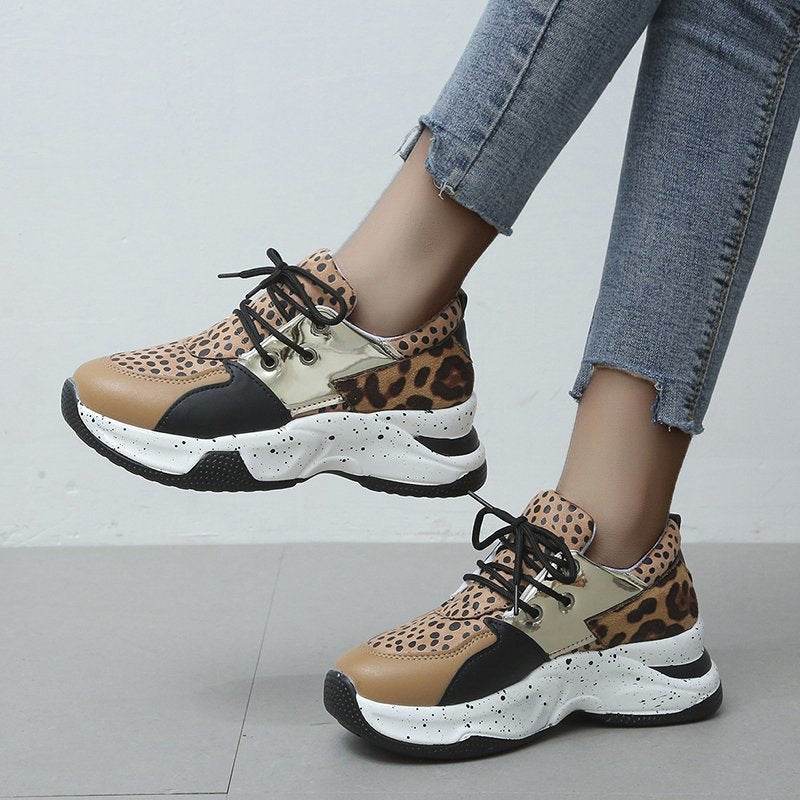 Leopard Print Sneakers Women Lace Up Walking Running Sports Shoes - Mubimart