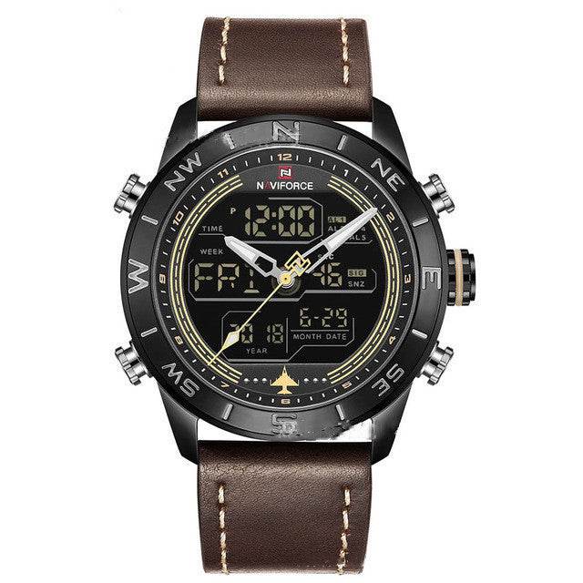 NAVIFORCE 9144 Fashion Gold Men Sport Watches Mens LED Analog Digital Watch Army Military Leather Quartz Watch Relogio Masculino - Mubimart