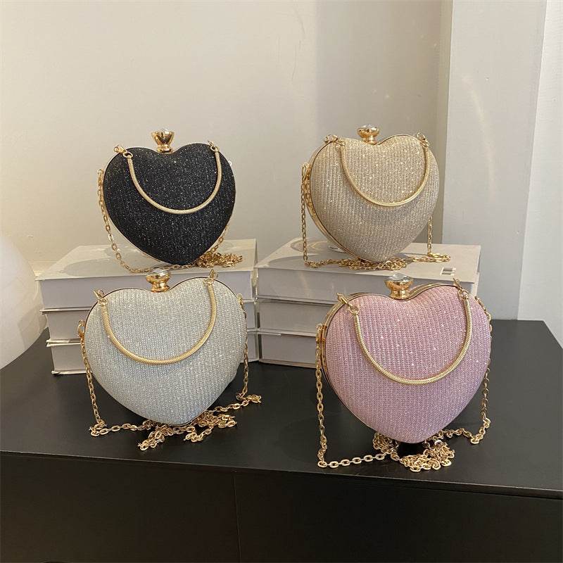 Evening Clutch Bag Women Bag Shiny Handbag Heart Shape Metal Clutches Bag Fashion Chain Shoulder Crossbody Bag Luxury Lady Purse Valentines Day Outfit - Mubimart
