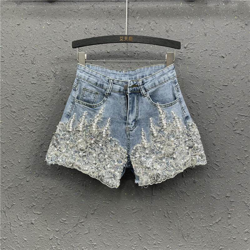 Heavy Industry Western Style Beaded Denim Shorts For Women - Mubimart