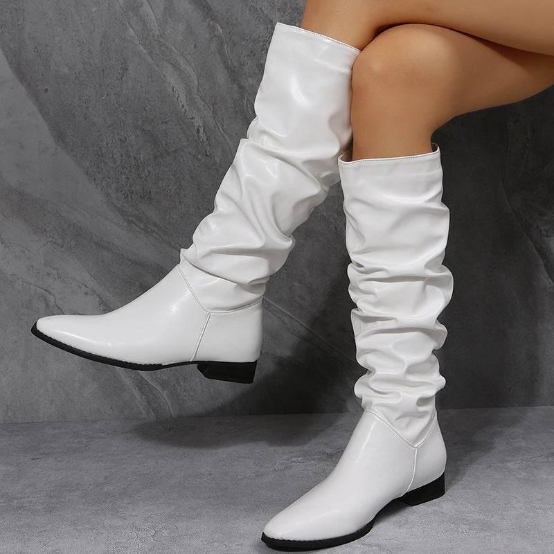 Long Boots White Cowboy Boots Women Pointed Toe Shoes - Mubimart
