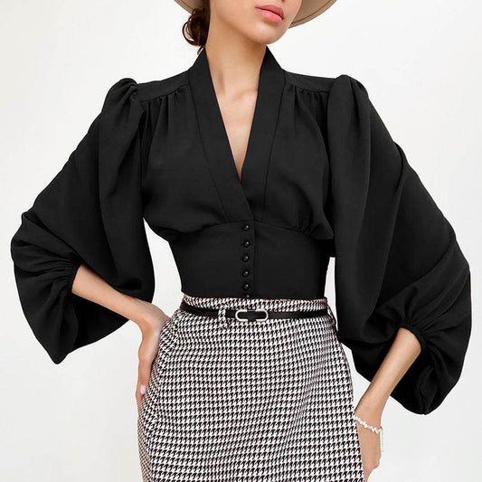 OOTN Elegant White Blouse Women Shirt Top Female Tunic V Neck Button Down Chic Casual Wine Red Blouse Lantern Sleeve Ladies - Mubimart