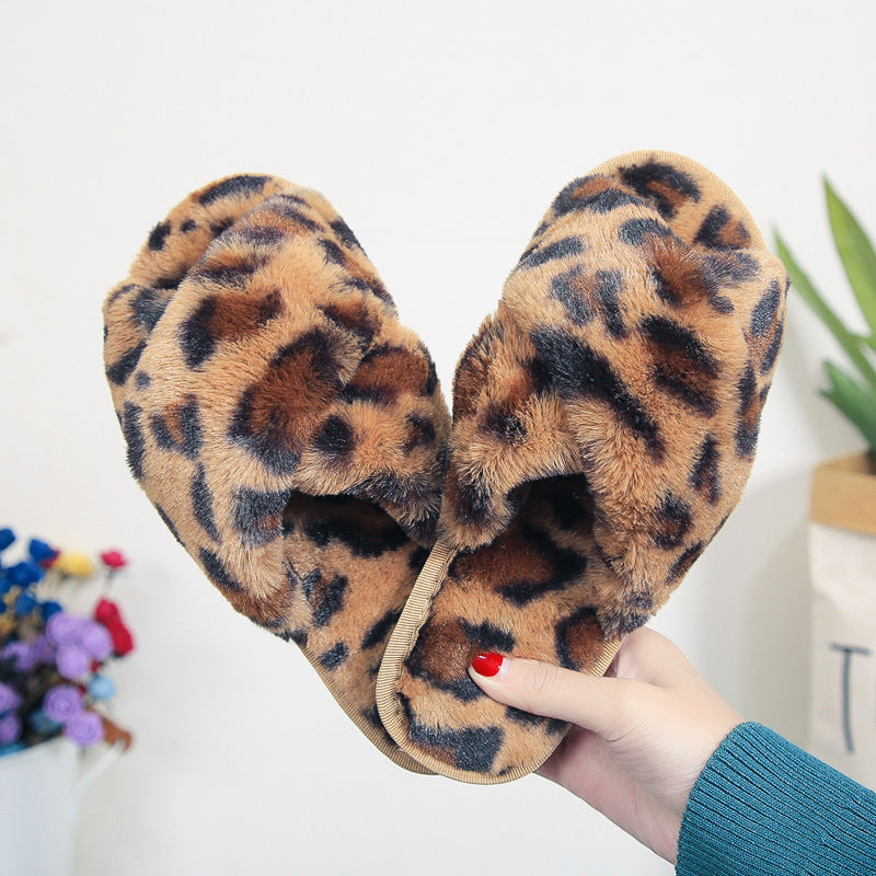 Cross-strap Fuzzy Slippers Leopard Plush House Shoes Flat Bedroom Slippers Slippers For Women - Mubimart -  