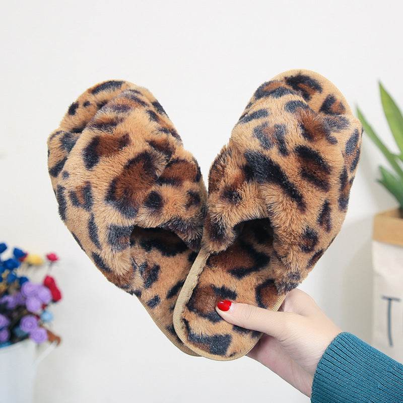 Cross-strap Fuzzy Slippers Leopard Plush House Shoes Flat Bedroom Slippers Slippers For Women - Mubimart