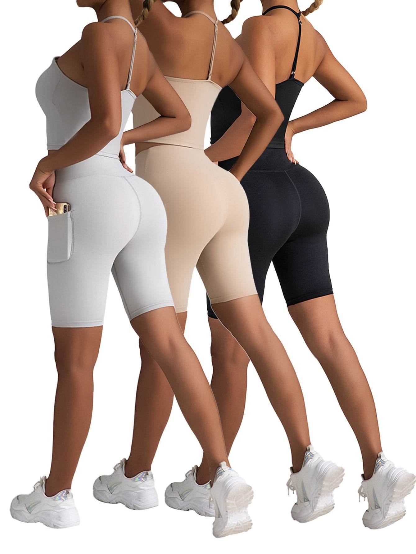 3 Pack Biker Shorts With Pockets High Waist Tummy Control Running Workout Polymide Gym Volleyball Yoga Shorts - Mubimart