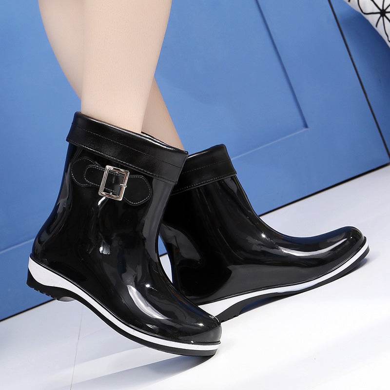 Warm And Velvet Rain Boots Mid-tube Flat Rain Boots - Mubimart