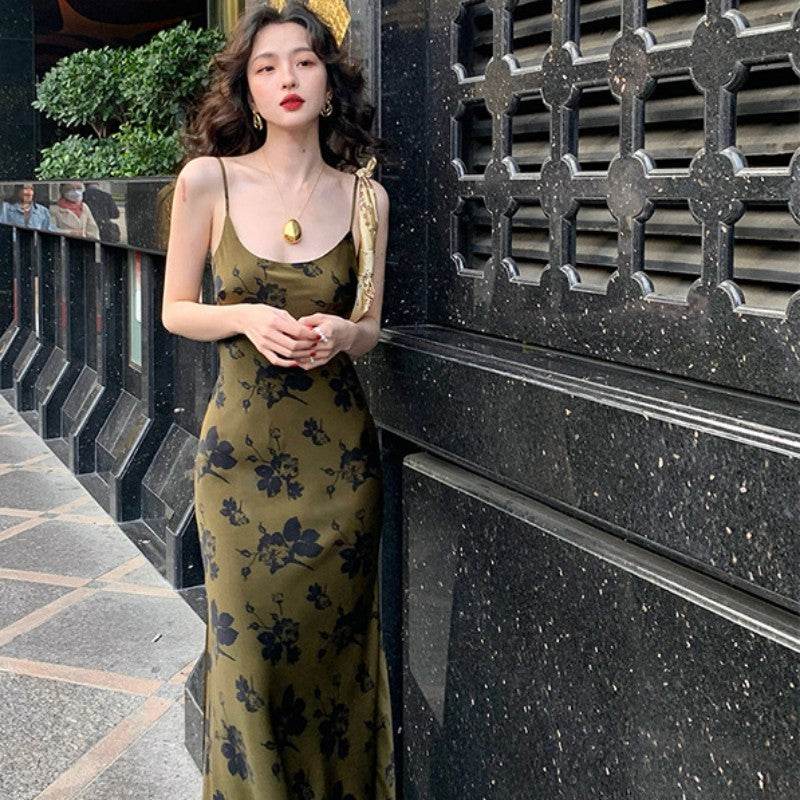 Printed Suspender Fishtail Midi Dress - Mubimart