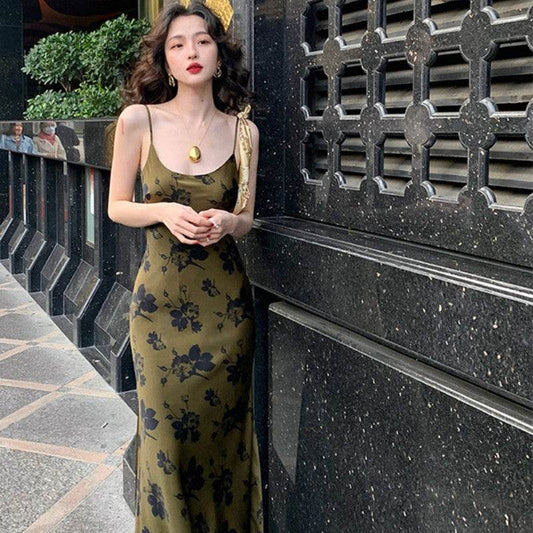 Printed Suspender Fishtail Midi Dress - Mubimart