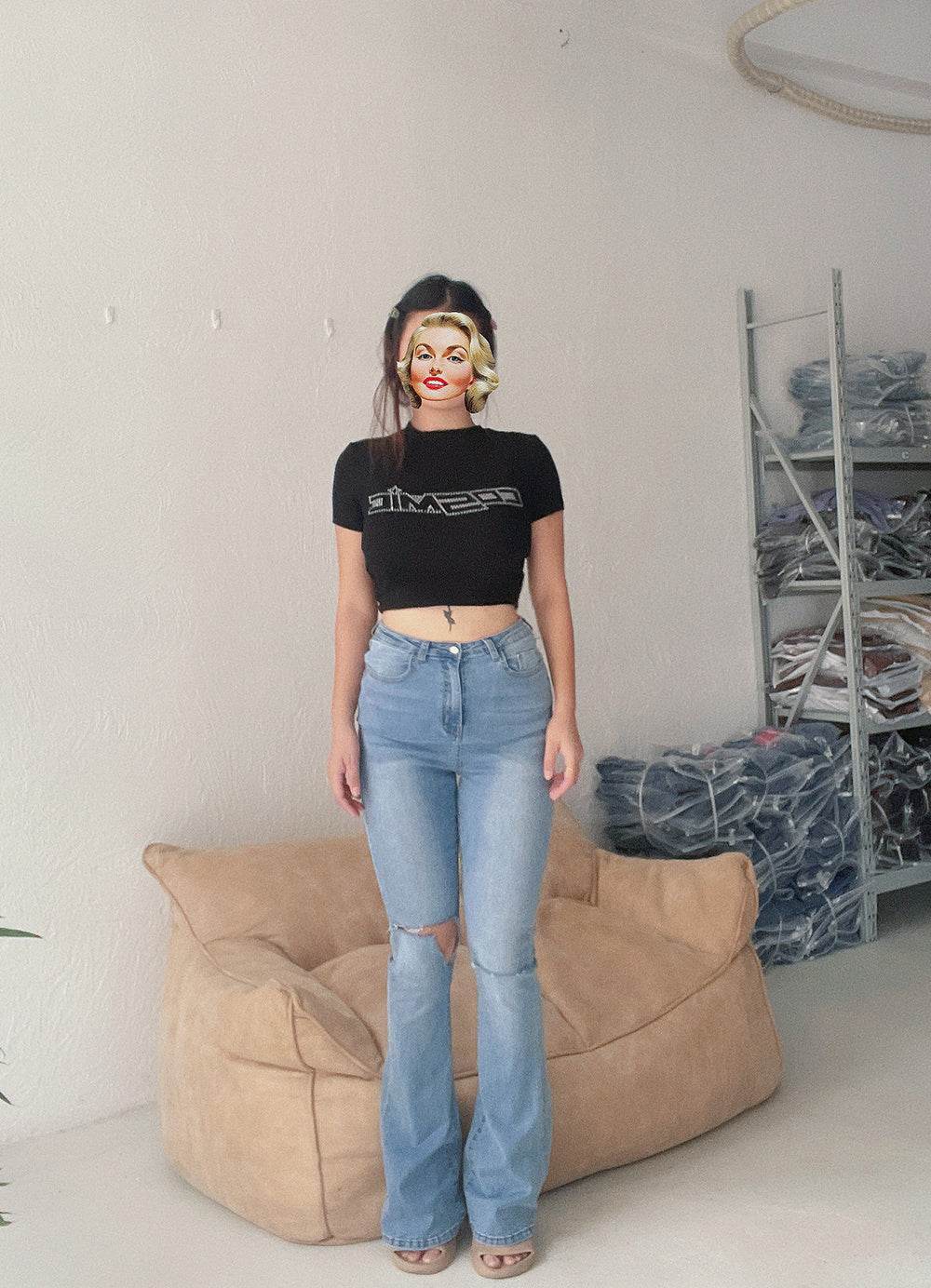 Irregular Hole Super High-rise Straight-leg Micro-flare Jeans - Mubimart