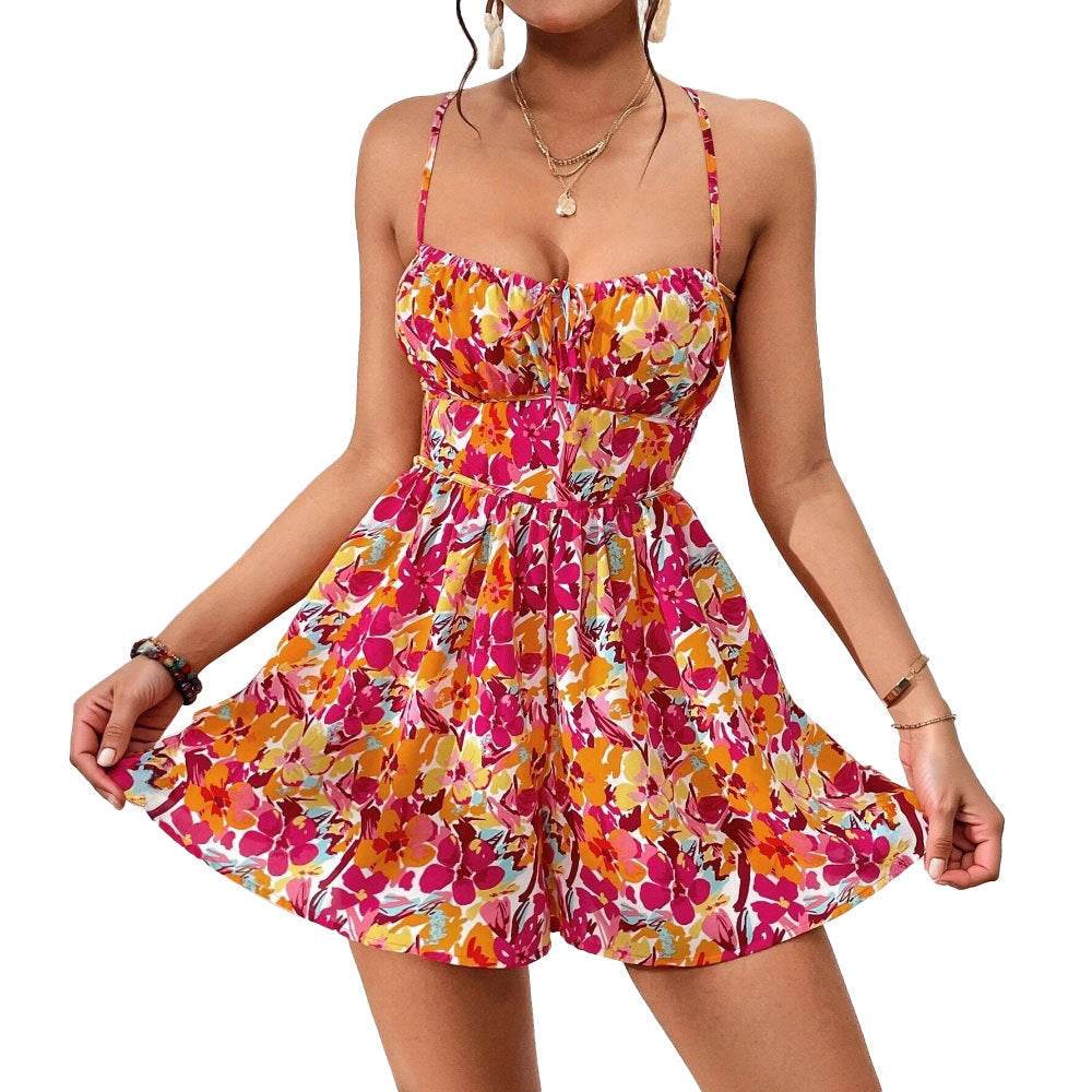Women's Floral Print Dress Summer Lace-up Back Seaside Holiday Short Dresses - Mubimart