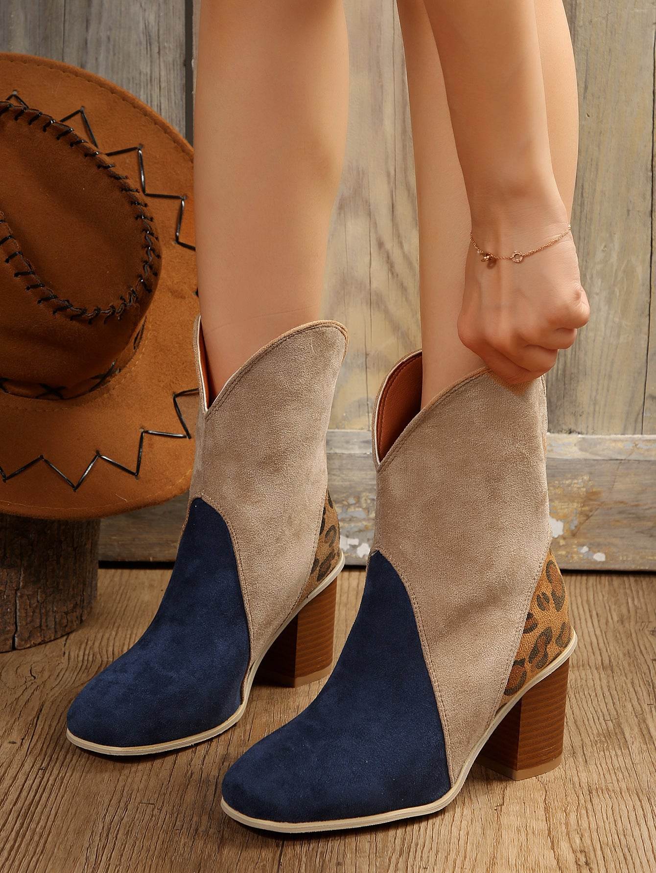 Fashion Splicing Suede Boots Retro Pointed-toe Square High Heel Mid-calf Boots For Women Fall And Winter Shoes - Mubimart