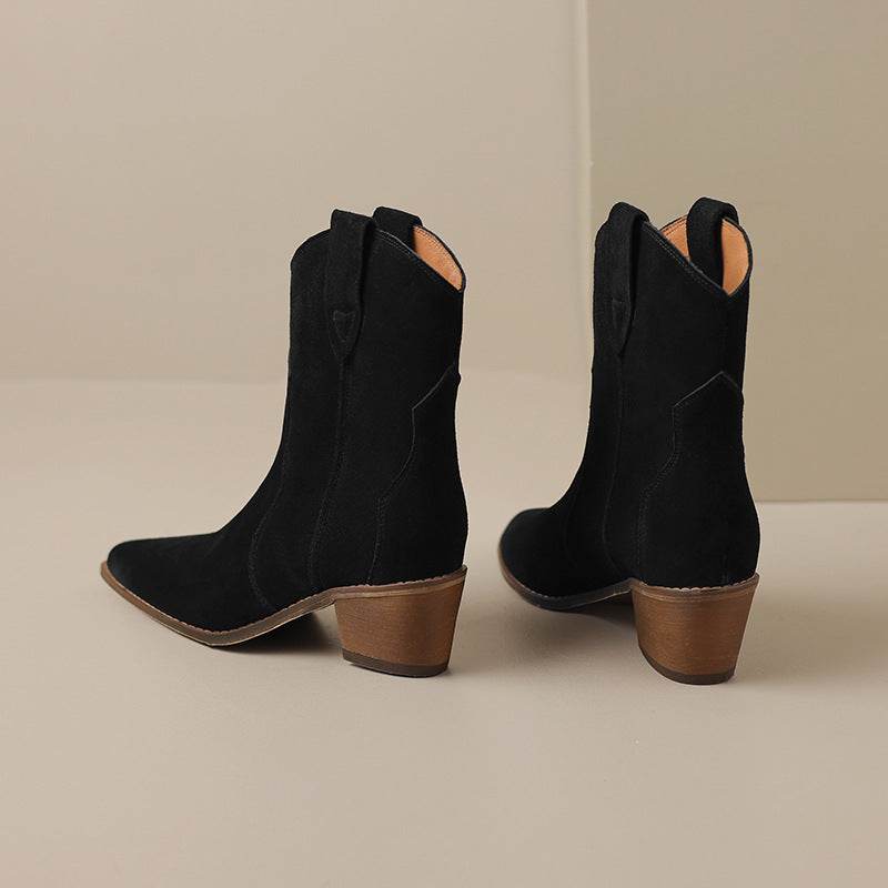 Pointed Toe Chunky Mid Heel Booties Fashion Matte Leather Boots - Mubimart