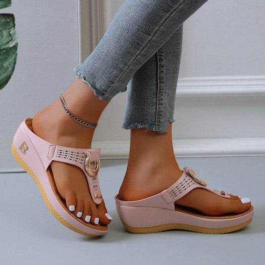 Thong Sandals Women High Heel Wedges Shoes Flip Flops Metal Decorative Slides Slippers - Mubimart