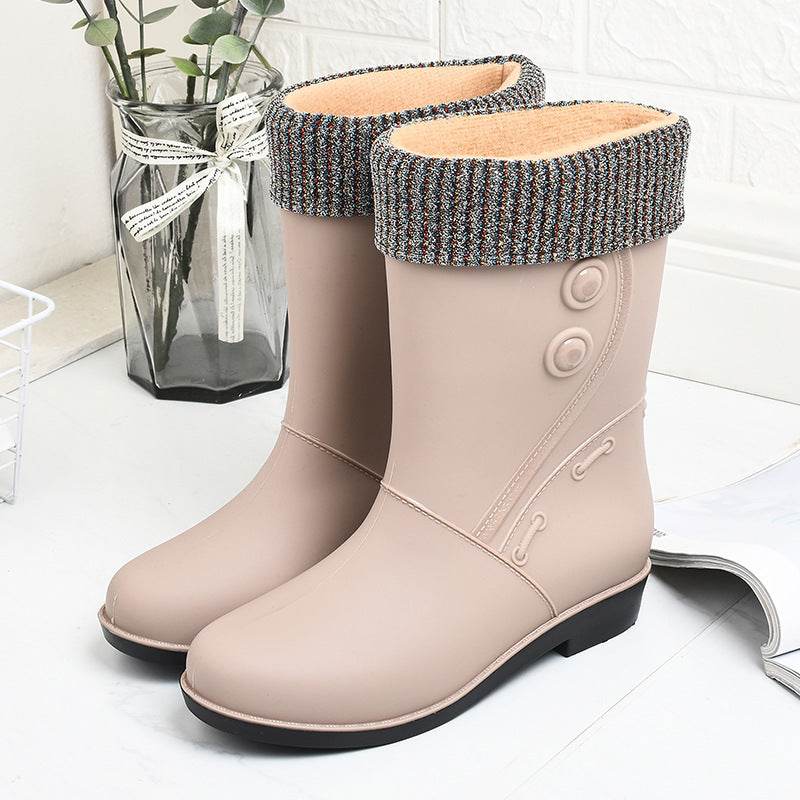Fashion Velvet Padded Rain Boots Women Warm Knee-high Rain Boots - Mubimart