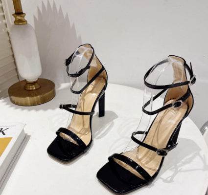 Hollow High Heel Sandals Square Toe Buckle Open Toe Stilettos Women's Shoes - Mubimart
