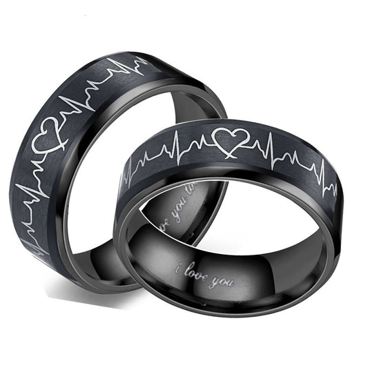 I Love You Too ECG Heartbeat Couple Rings Couple Ring Titanium Steel