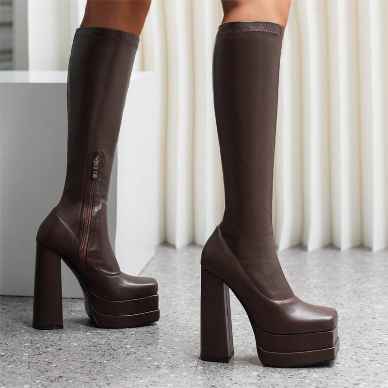 Women's Square Toe Side Zip High Boots - Mubimart