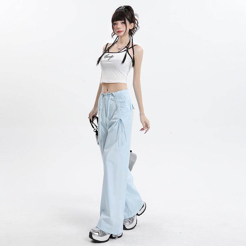 Straight Cargo Pants Women Bow Drawstring Wide Leg Track Pants - Mubimart