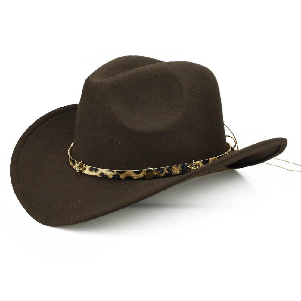 Leopard Print Five-pointed Star Belt Cowboy Hat Men's And Women's Autumn And Winter Woolen Fedora Hat Outdoor Knight Hat Western Cowboy Hat - Mubimart