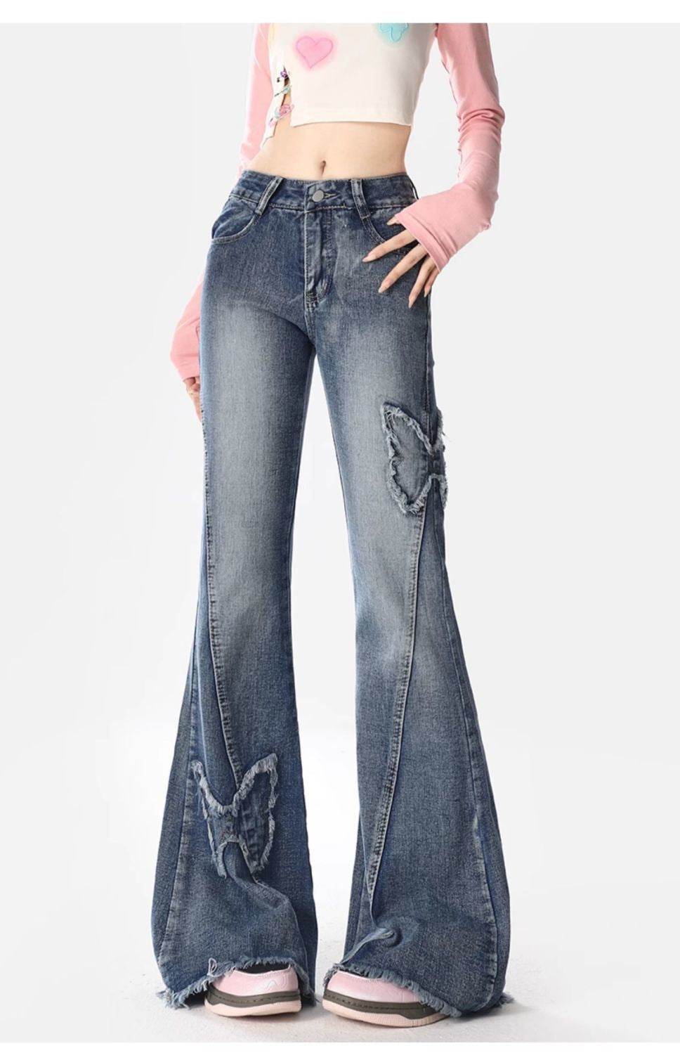 American Retro Butterfly Embroidery Slightly Flared Jeans Women - Mubimart