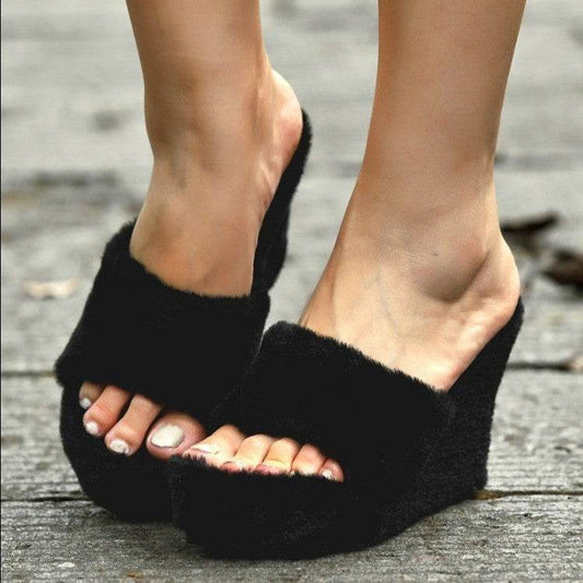 Wedge Heel Slippers Ladies High Heel Muffin Drag - Mubimart