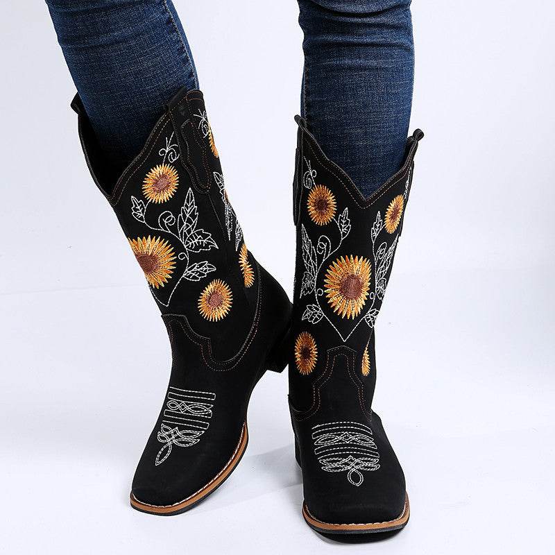 Cowboy Boots Women Sunflower Embroidery Shoes Low Heel Western Boot - Mubimart