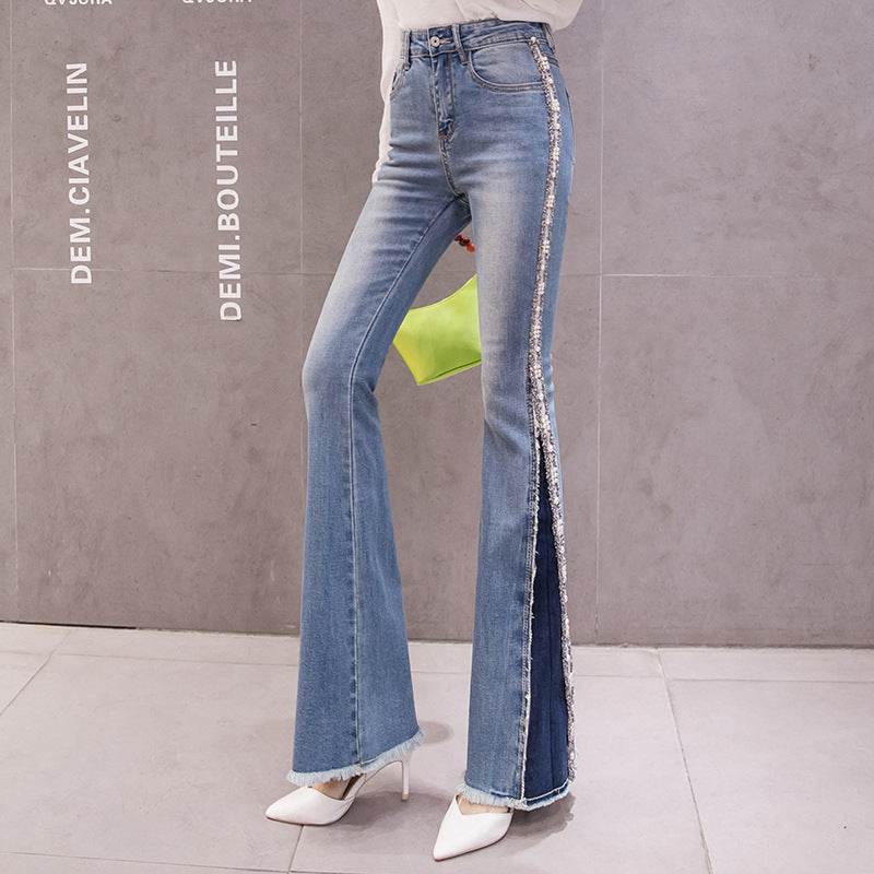 Embroidery Beaded Fashion Flared Pants High Waist Slimming Jeans Women - Mubimart