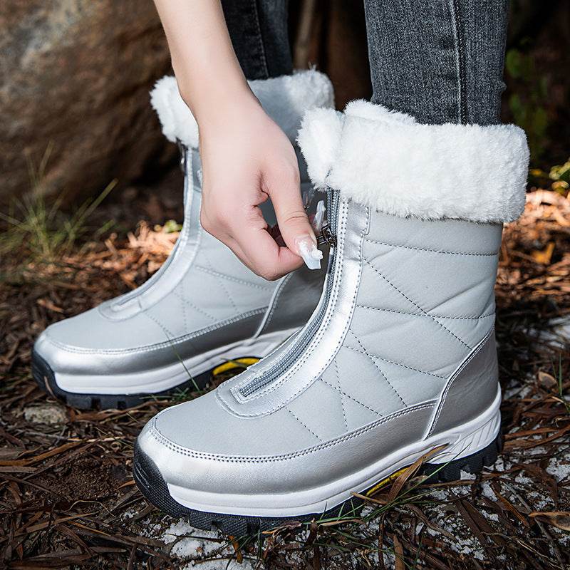 Waterproof Snow Boots Women's Mid-calf Front Zipper - Mubimart