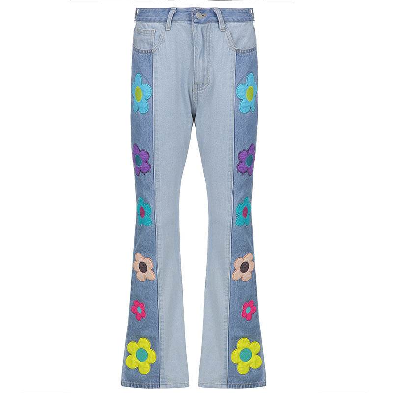 Women's Fashion Pattern Colorblock Bootcut Jeans - Mubimart