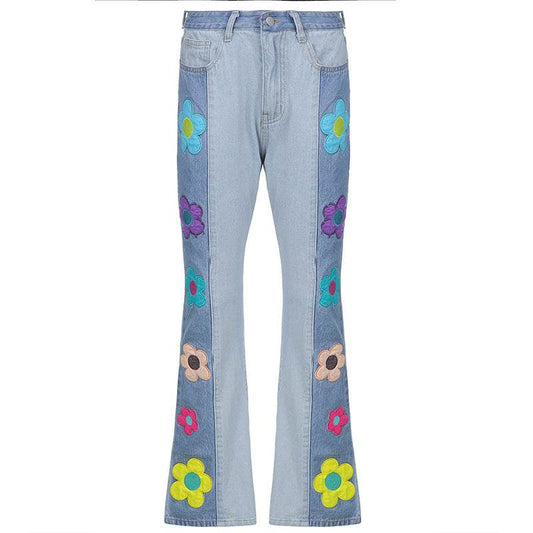 Women's Fashion Pattern Colorblock Bootcut Jeans - Mubimart