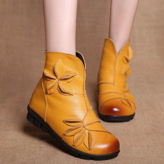 New Genuine Leather Mom Booties Women's Flat Bottom Comfort Ethnic Style Women's Boots - Mubimart