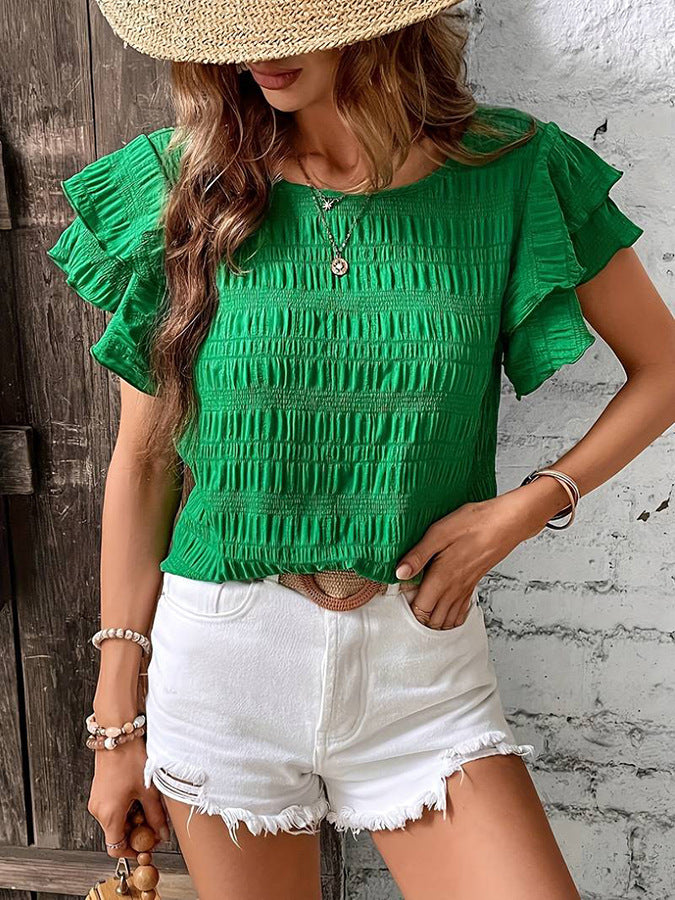 Summer Ruffled Short-sleeved T-shirt Casual Round Neck Pleated Design Top For Women Clothing - Mubimart -  