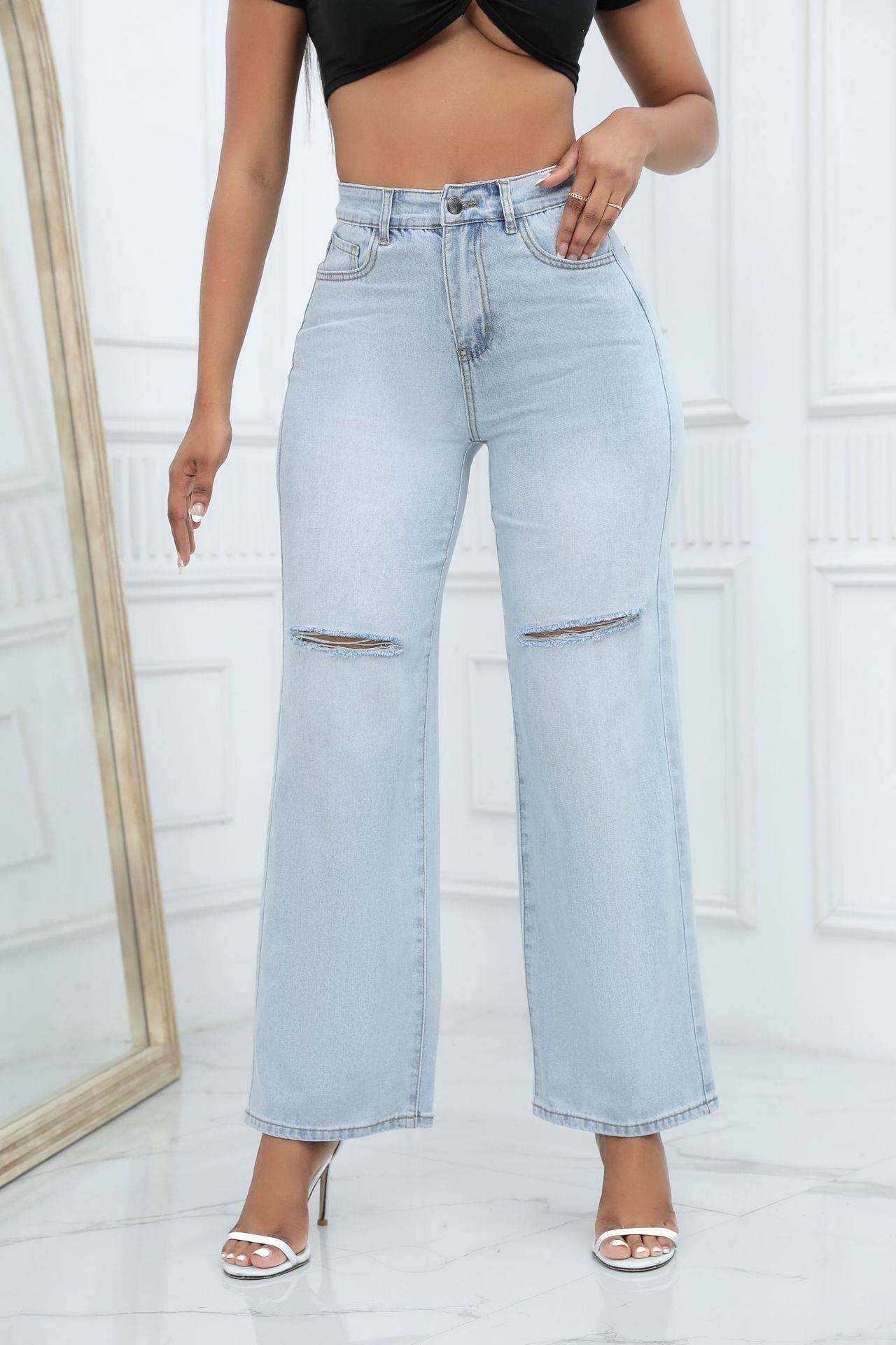 Elegant Ripped Wide-leg Jeans Women - Mubimart