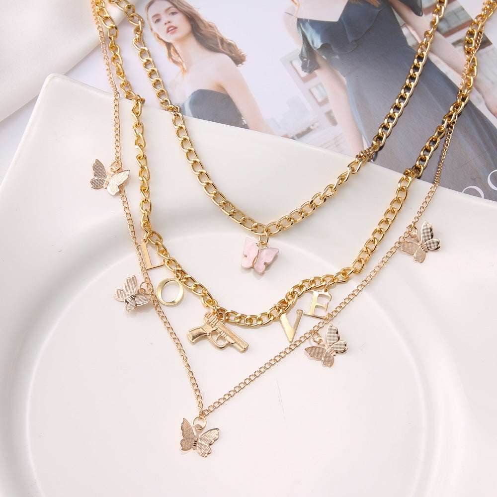 Chain Butterfly Necklace Women Multilayer Pendant Necklace Set Women - Mubimart