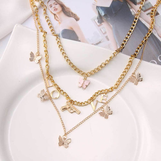 Chain Butterfly Necklace Women Multilayer Pendant Necklace Set Women - Mubimart