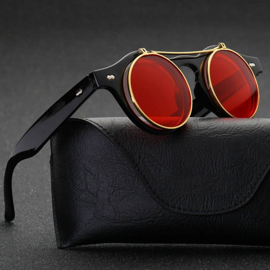 Sunglasses Women Brand Designer Retro Round Steampunk Steam Punk Metal Flip Cover Fashion Sun Glasses - Mubimart