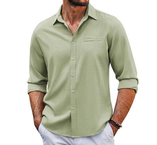 Casual Long Sleeve Shirt With Pocket Lace Polo Collar Solid Color Button Mens Clothing - Mubimart