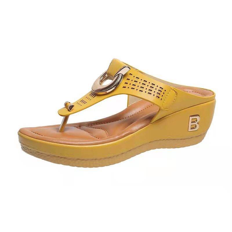 Thong Sandals Women High Heel Wedges Shoes Flip Flops Metal Decorative Slides Slippers - Mubimart