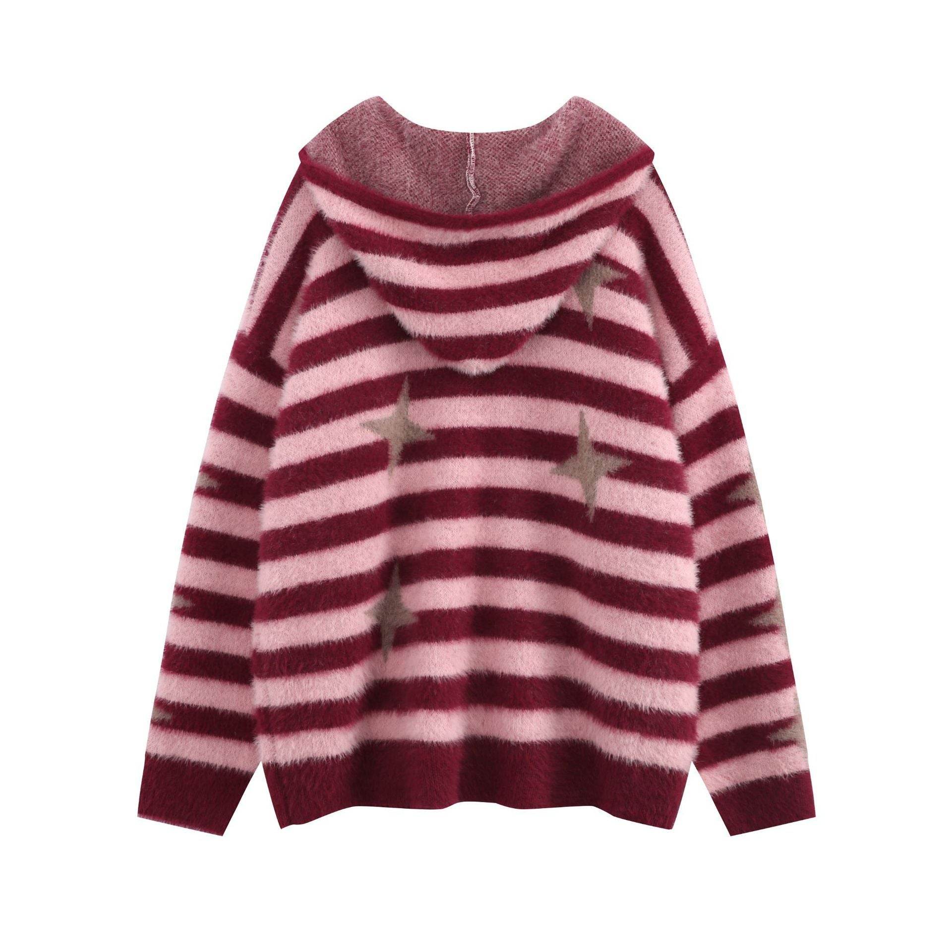 Idle Style Loose Red Striped Hooded Zip Cardigan Sweater Coat - Mubimart